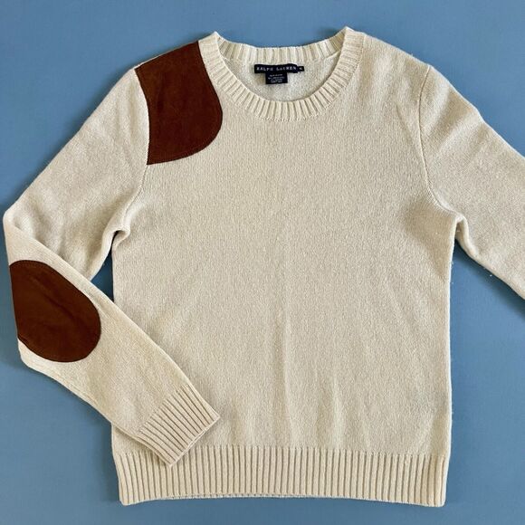 Ralph Lauren Vintage Wool Angora Elbow Patch Cream Long Sleeve Sweater - Picture 3 of 5